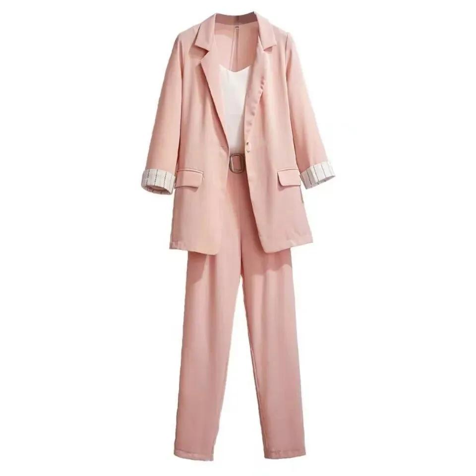 Frühling Übergröße Koreanischer Eleganter Damenanzug Damenblazer Freizeithose Tweedanzugjacke Dreiteiliges Jacke-Hosen-Set