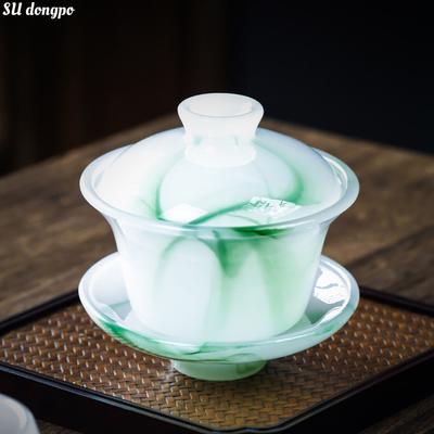 Emerald Green Ink Tea Cup Jade Porcelain Sancai Covered Bowl Tea Bowl Tea Tureen Glass Kungfu Tea Set Accessories Gift
