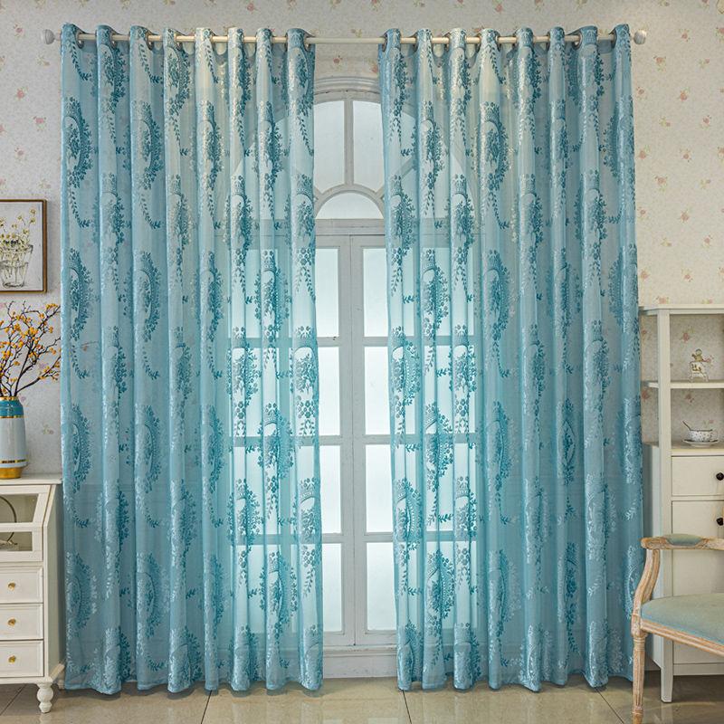 1pc Embroidery Beige Tulle Curtains for Living Room Blue Elegant Floral Voile Window Sheer Fabric Bedroom Curtains Drapes Home Decor