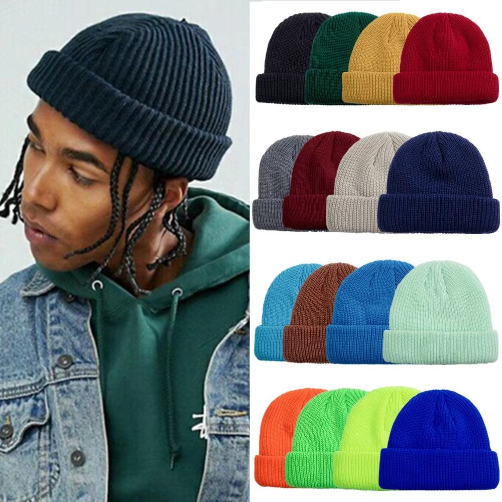 Unisex Autumn Winter Ribbed Knitted Hat Soft Cuffed Short Melon Cap Men Women Navy Style Beanie Hat
