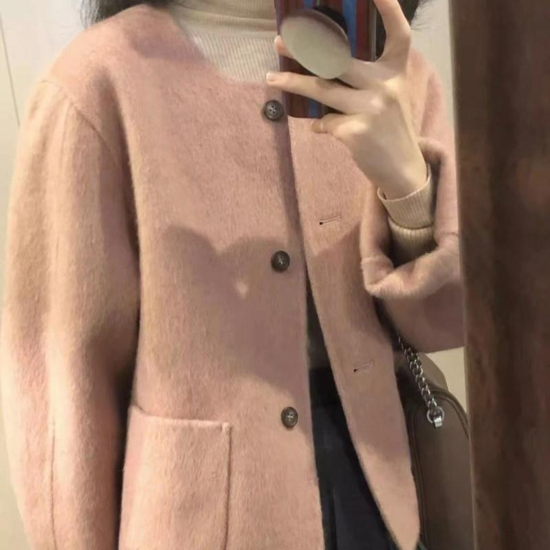 Women Autumn Winter Warm Woolen Blend Short Style Long-sleeved Casual Button Coat O-neck Solid Loose Female Fashion Jacket