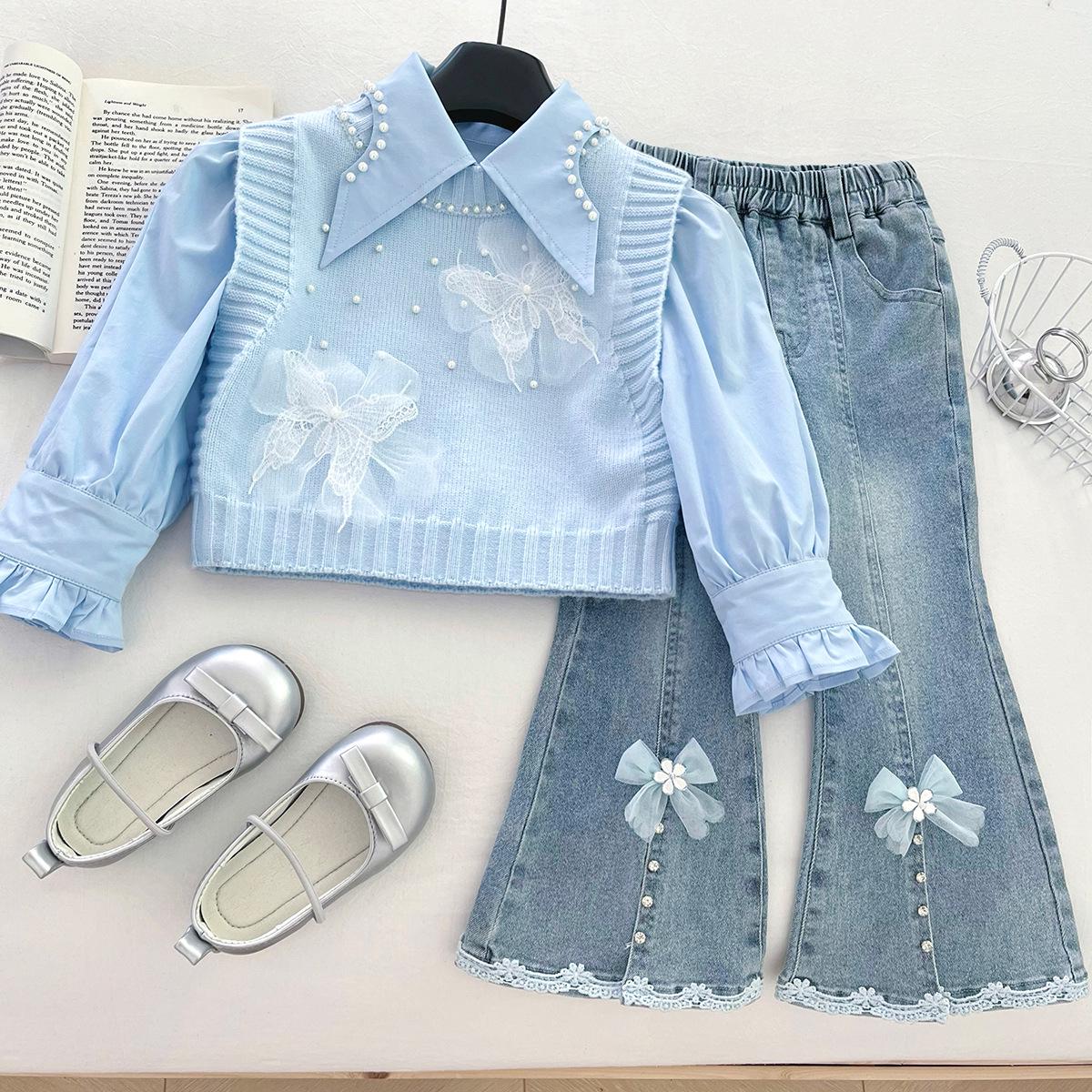 

Девочки Осенний Вязаный Комплект-Тройка: Модный жилет, рубашка и джинсовые микро-клеш брюки 100 cm