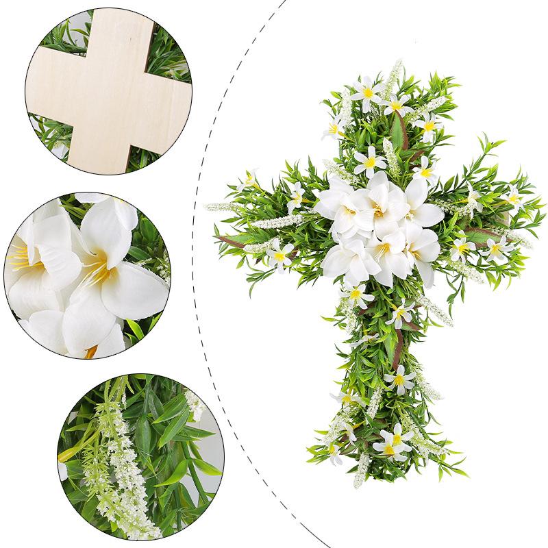 38*50cm Cross simulation lily garland for home decor, Christmas front door hanging wreath, wall hanging cross decoration