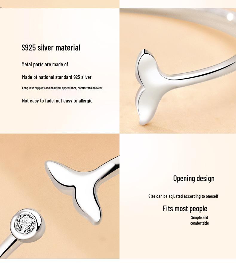 S925 Sterling Silver Fishtail Ring: Cute, Simple, Thin Band, Adjustable Index Finger Ring for Women