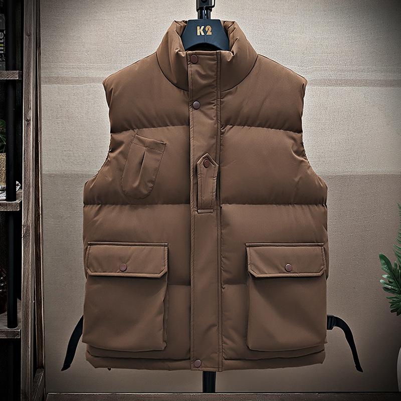 New Stand-up Collar Vest Men's Autumn and Winter Cold and Warm Trendy Brand Cotton Vest Thickened Tooling Jacket