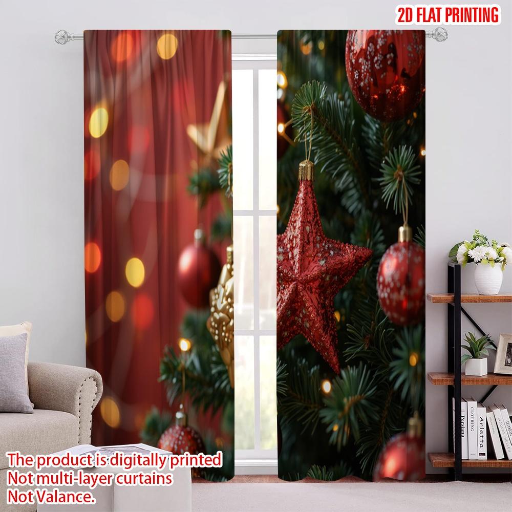 

Flat Printing Merry Christmas Popular Window Drapes Pine Tree Polyester Without Electricity Birthday Party Perfect Curtain Set Of 2 Made Washable W100*H70(CM)-Grommet top&2PCS