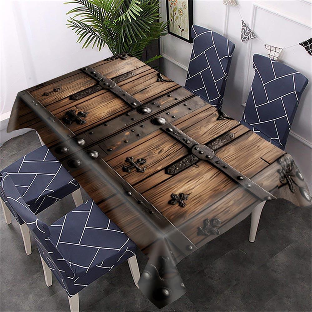 Durable Polyester 1pc Wood Grain & Vintage Steel Printed Tablecloth | Square Table Cover for Dining Room Decor