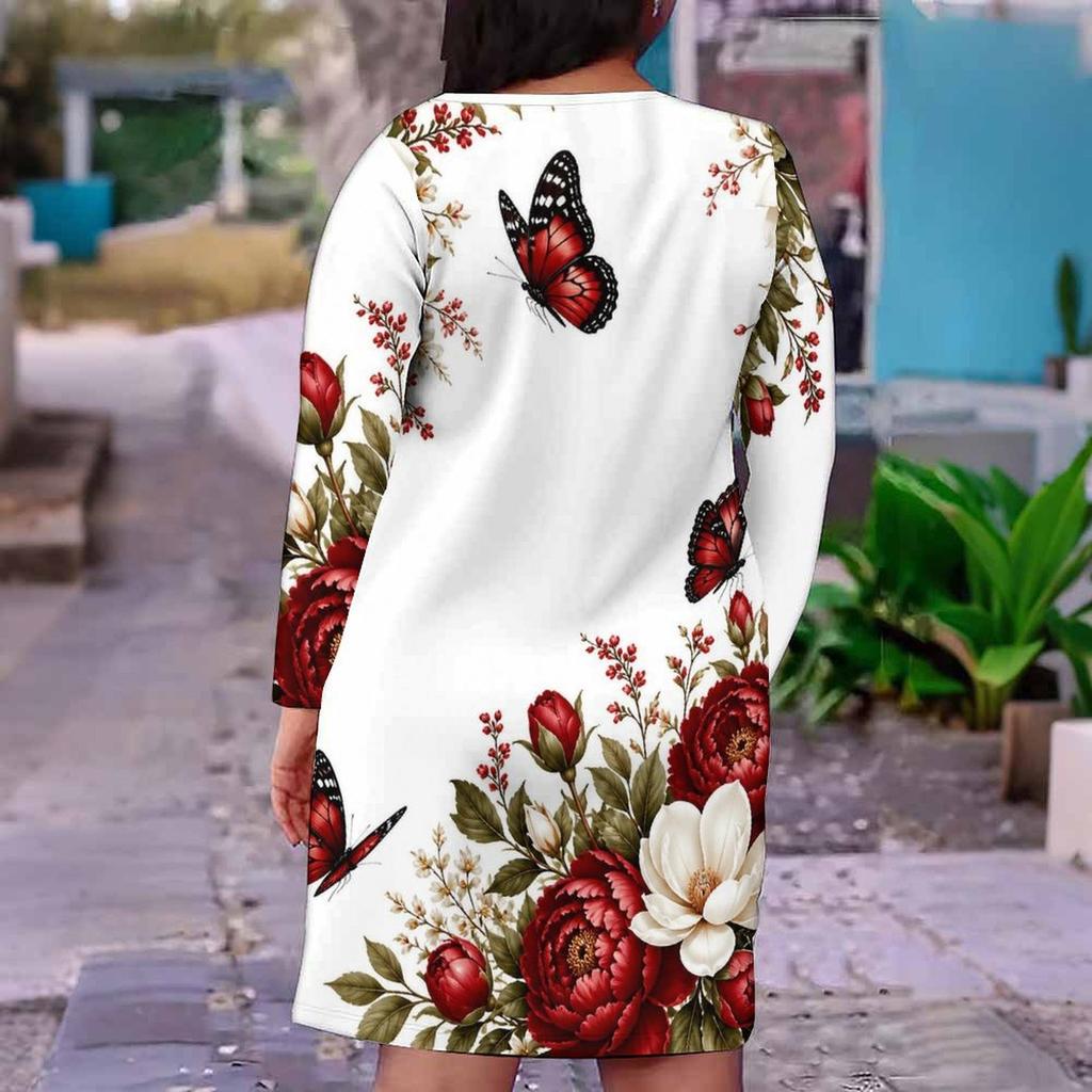 Women Plus Size V Neck Long Sleeve Teal Floral Printed Fitted Straight Dress