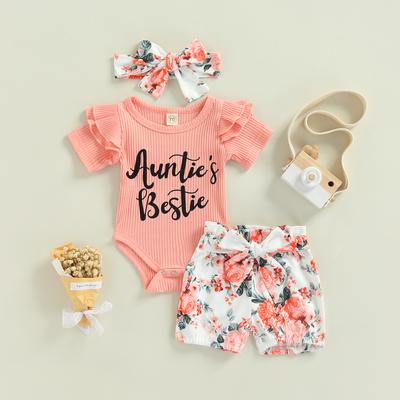 3 Pieces Baby Suit Set, Letter Print Round Neck Short Sleeve Romper+ Flower Print Shorts+ Headband, 0-18 Months