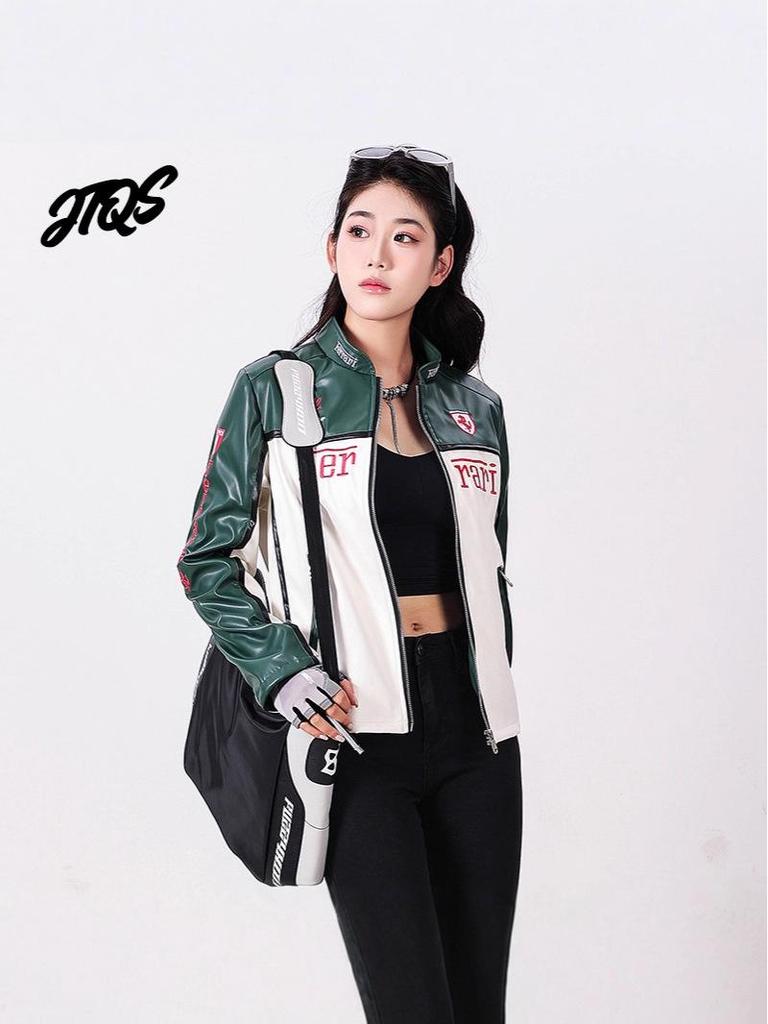 Women's Racing-Style PU Leather Motorcycle Jacket, Small Size - Trendy European and American Winter Outerwear