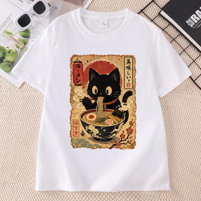 Raunisex Cat T Shirt Black Cat Noodles Tee Japanese Food Tshirt Unisex Unisex Round Neck Print Fashion TShirt Streetwear Clothes