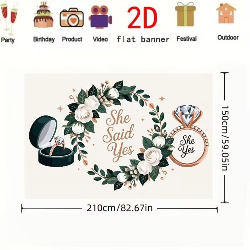2D Elegant Engagement Photography Backdrop, She Said Yes Diamond Ring and Floral Wreath Background