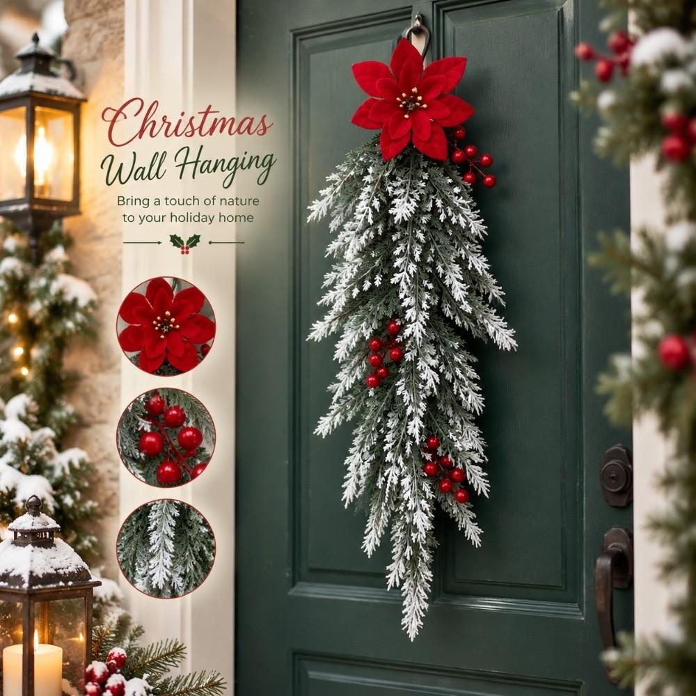 Flexible Branch Christmas Artificial Cedar Needle Red Berry Poinsettia Decor  Mantel Display