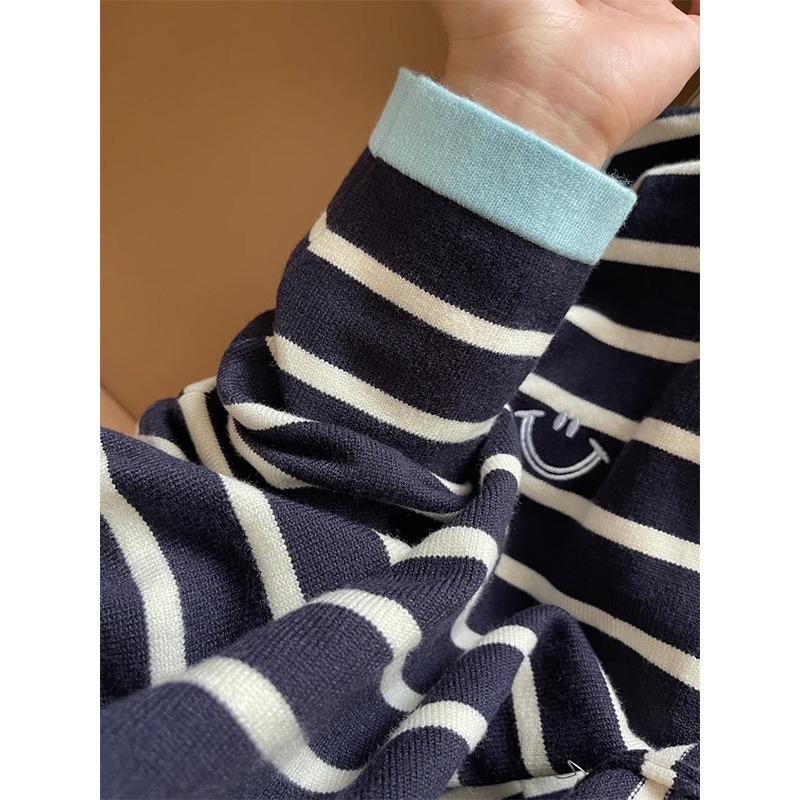 Large Size Loose and Lazy Knitted Bottoming Shirt Women's Autumn Casual and Thin Embroidered Top Contrasting Color Striped Soft Waxy Sweater