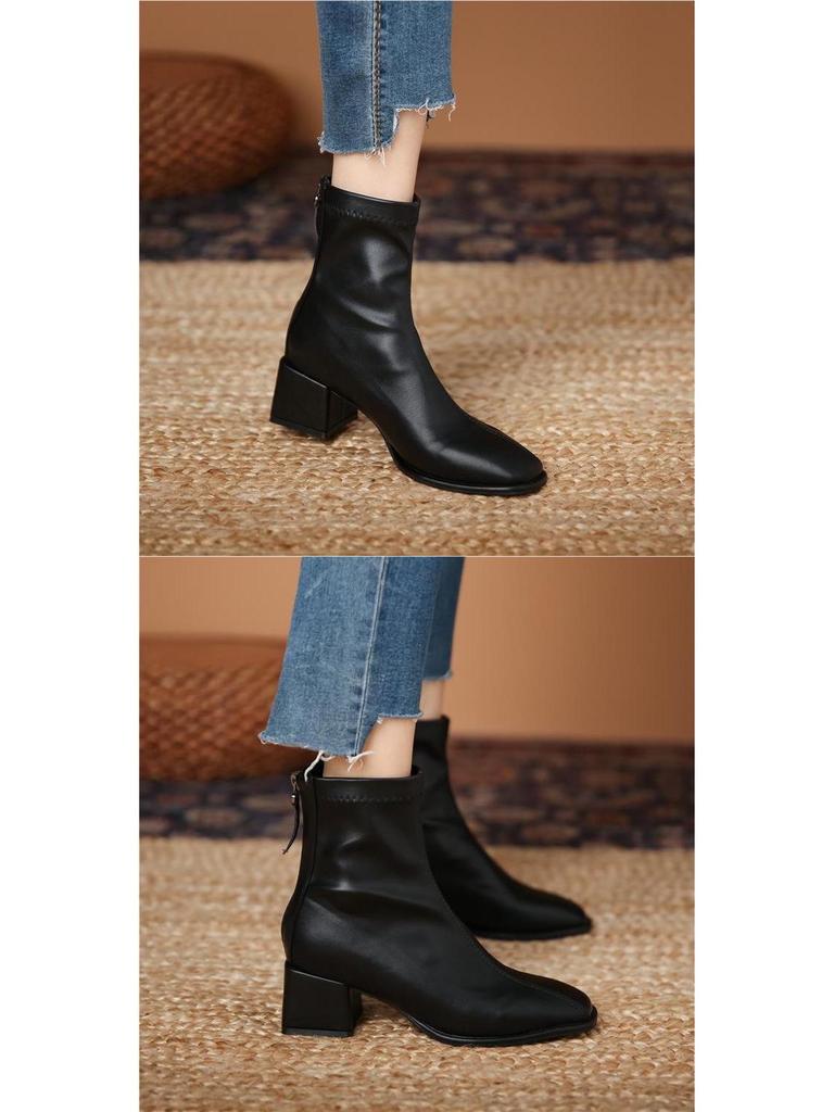 Women's White Mid-Calf Chunky Heeled Ankle Boots - Autumn/Winter 2025 French Style, Slimming, Medium Heel, Square Toe.