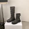 Autumn and winter new height increase cm~ two kinds of tube height retro round head thick heel buckle belt medium tube boots knight boots short tube