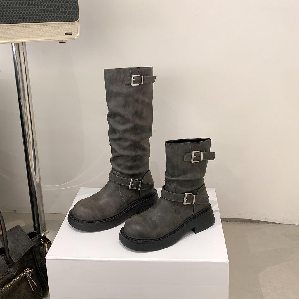 Autumn and winter new height increase cm~ two kinds of tube height retro round head thick heel buckle belt medium tube boots knight boots short tube