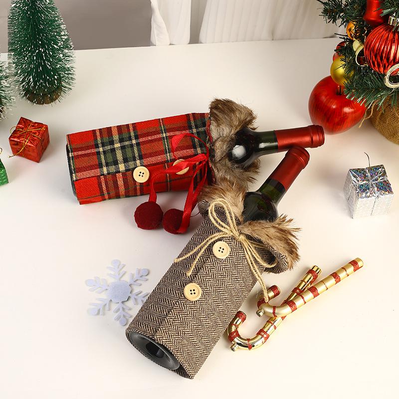 European & American Christmas Wine Bottle Cover with Bow Knot and Burlap Fur Collar