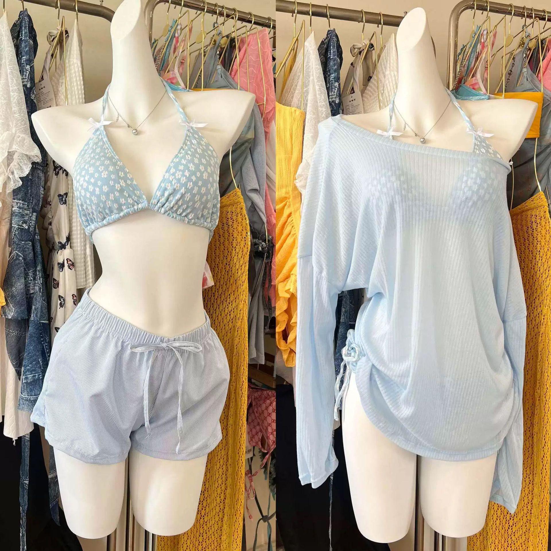 

Bikini Set Loose Sunscreen Blouse Vacation Strap Swimsuit Four-piece Premium Women s Swimsuit S 40-45kg