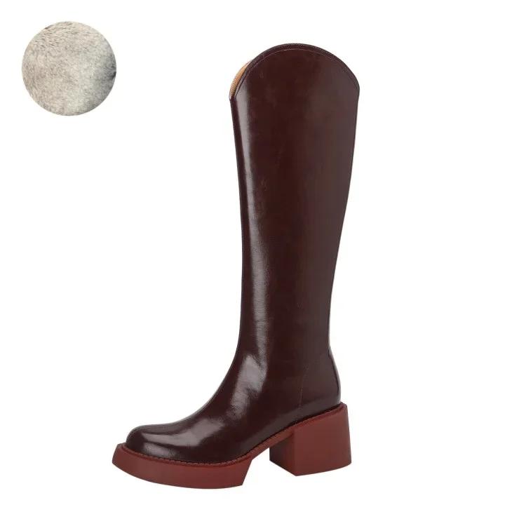Mode Neue Herbst/Winter Damen Schuhe Spaltleder Damen Stiefel Runde Zehe Klobige Stiefel Einfarbig Kniehohe Stiefel Damen Plateau Schuhe Damen