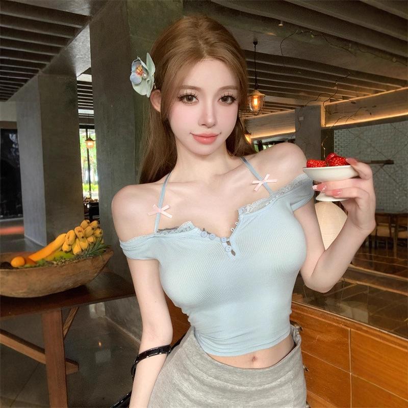 Lace Splicing Slim Sling Vest Summer Wear Short Spice Girl Shoulder Neck Top