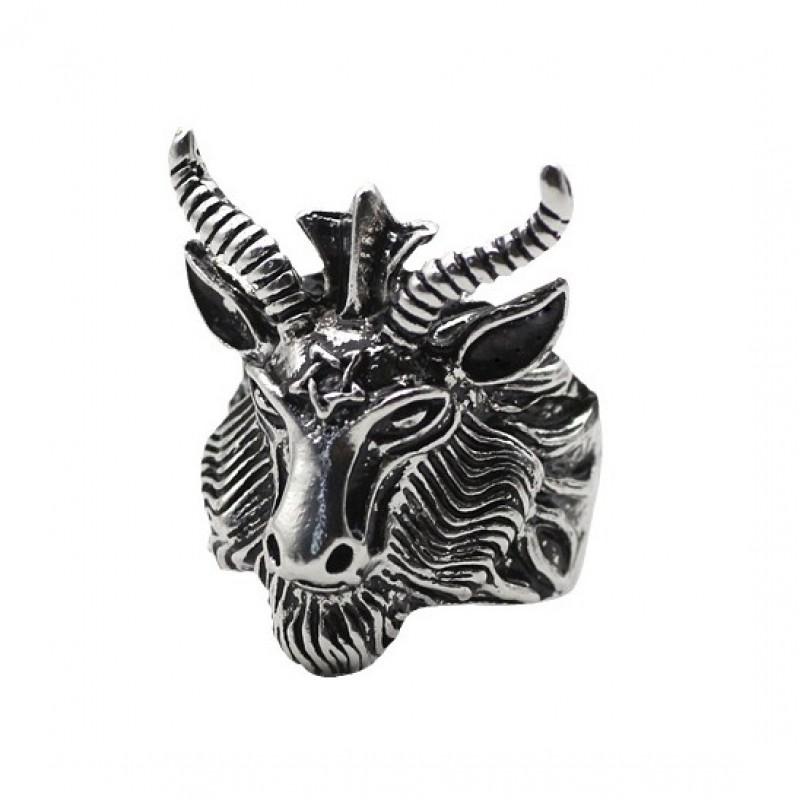 Adjustable Sterling Goat Head Pentagram Ring Men Women Vintage Punk Statement Jewelry