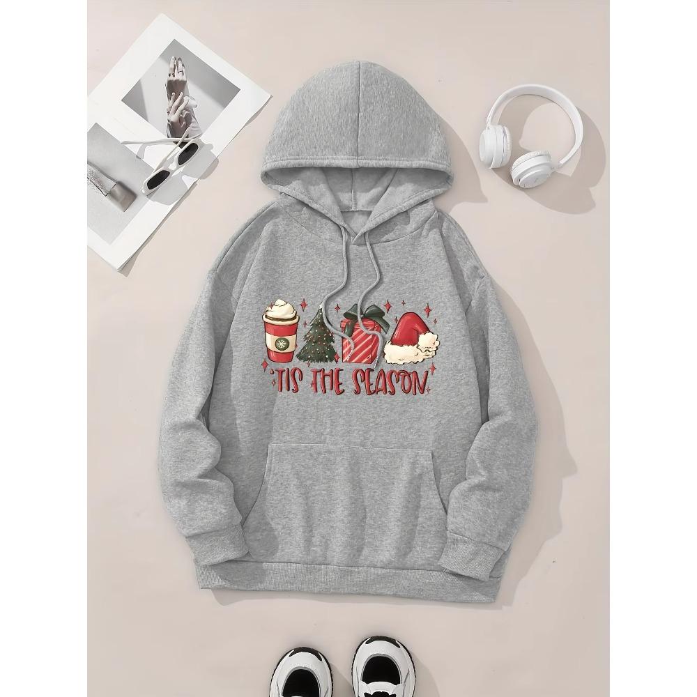 Women Christmas 4‑Elements Print Drawstring Hoodie Casual Sport Sweatshirt With Kangaroo Pocket