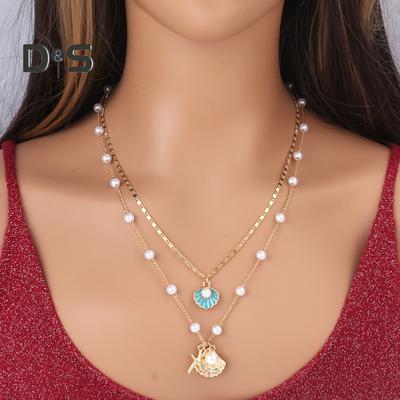 Women Necklace Double-layered Shell Starfish Charm Faux Pearl Decor Adjustable Length Ocean Theme Clavicle Ncklace Prom Party Cosplay Neck Jewelry