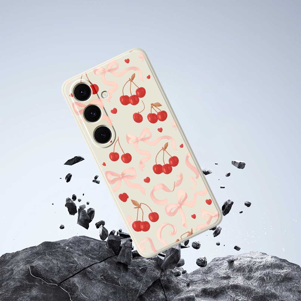 For Samsung Galaxy S24 FE Case Big Bow Cherry Pattern Printing Straight Edge TPU Phone Back Cover
