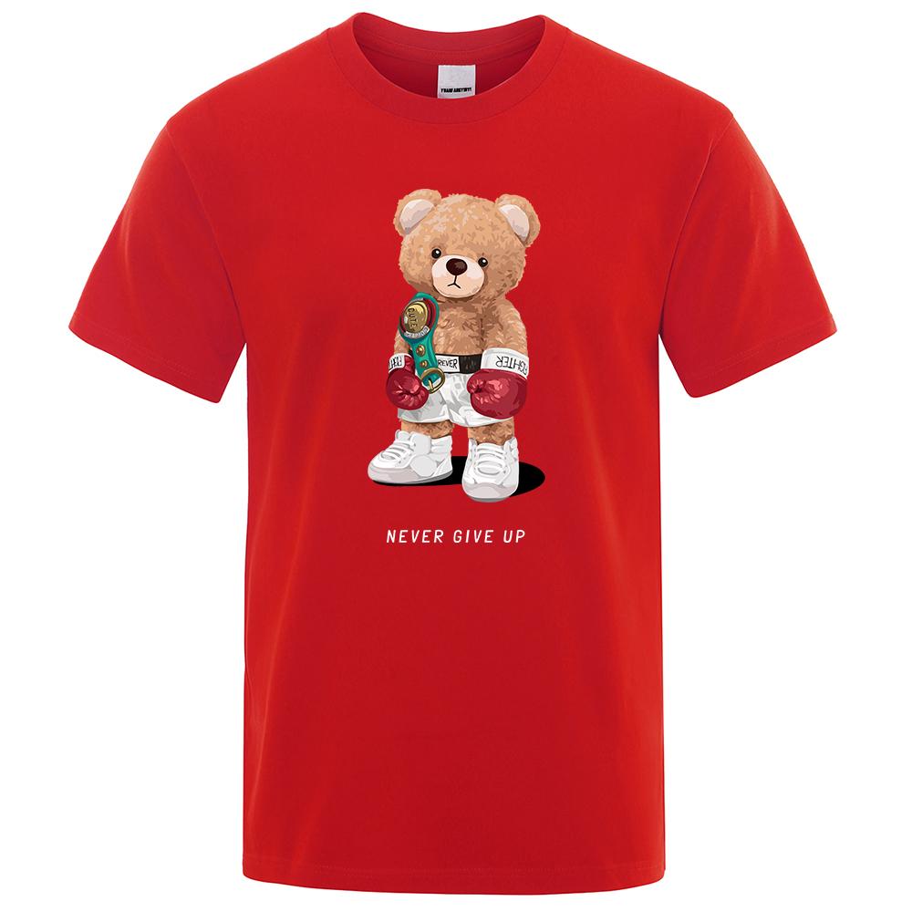 Strong Boxer Ted Bear Never Give Up Print Funny T-Shirt Men Cotton Casual Short Sleeves Loose Oversize Tee Clothing