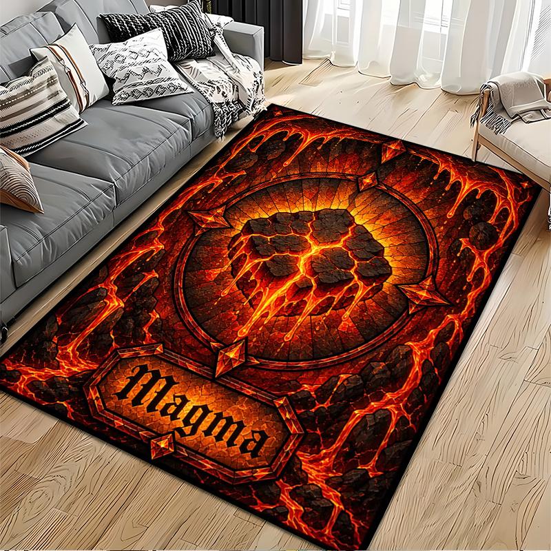 Stained Glass Art Area Rug, Magma Lava Volcano Orange Red Flame Cathedral Window Print, Gothic Decor, Non-Slip Mat