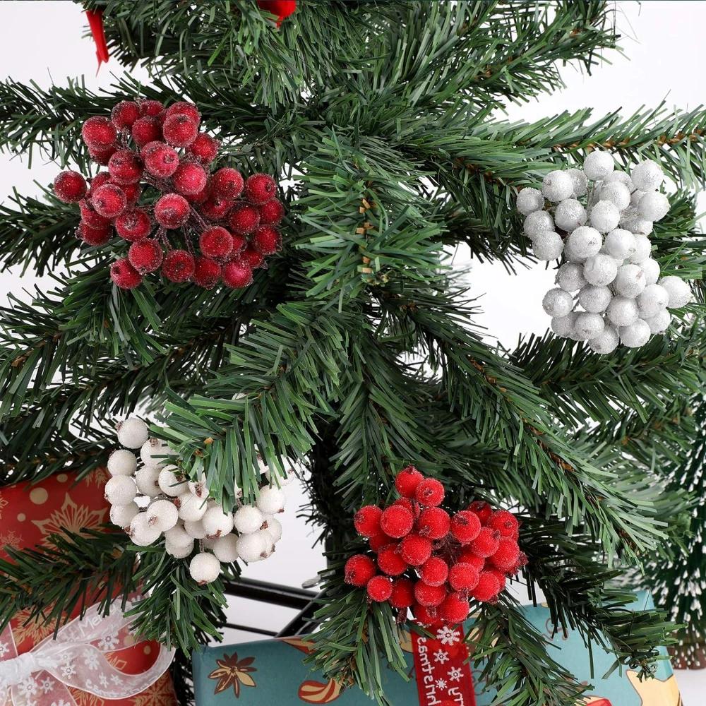 100/20Pcs Artificial Frosted Holly Berries Double Head Mini Foam Berry Stamen Flower Xmas Tree Ornament Christmas Party Decor