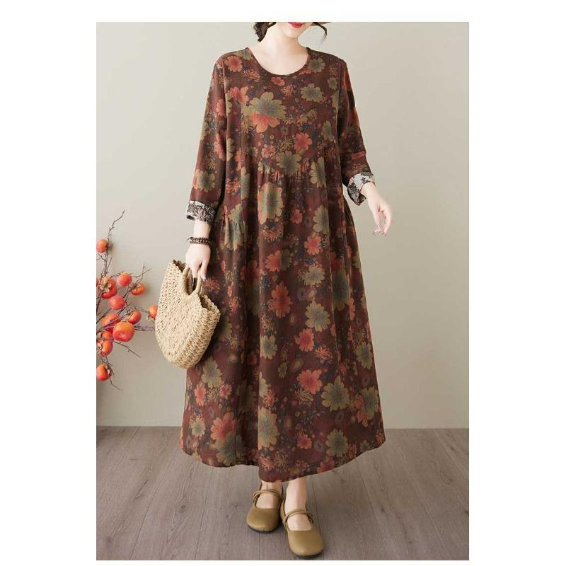 Spring and Summer New Style Retro Cotton and Hemp Round Collar Pocket Long-sleeved Dress Female Loose Thin A Line Skirt