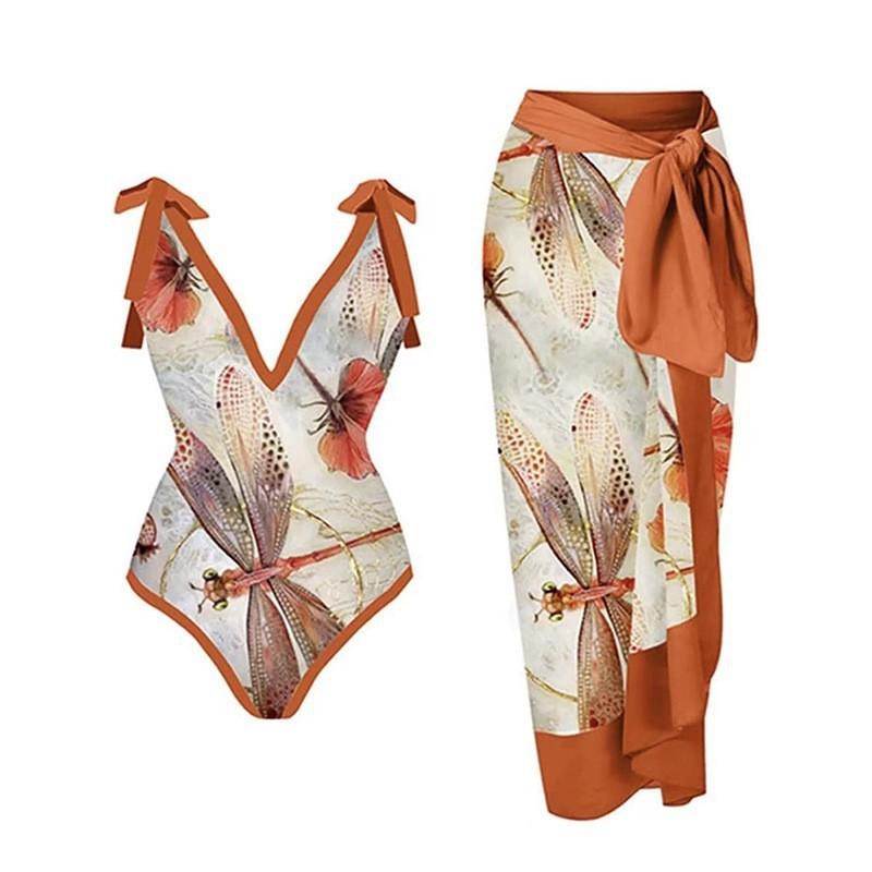 

One-piece Swimsuit Chiffon Long Dress Print To Show Slimming Cover Belly Hot Vacation Two-piece Female Orange Dragonfly XL