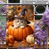 2D Flat, 1pc Autumn Maple Witch Kitty Aluminum Sign, Pumpkin Decorative Sign, Fun Decor, Halloween Artwork Wall Decor, Modern Wall Art, for Living