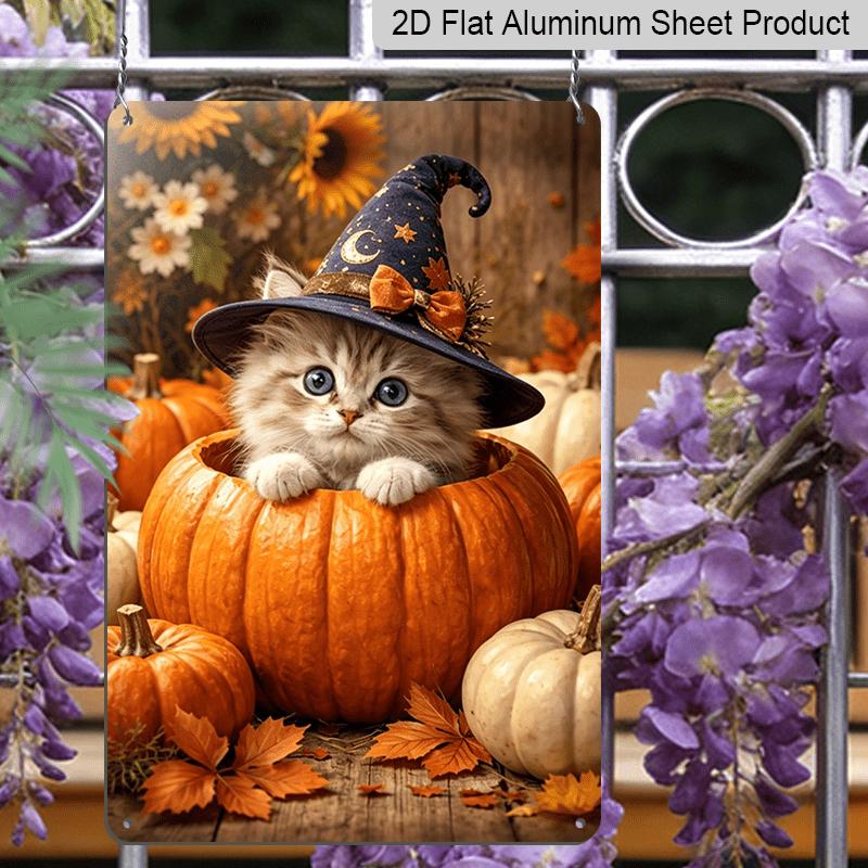 2D Flat, 1pc Autumn Maple Witch Kitty Aluminum Sign, Pumpkin Decorative Sign, Fun Decor, Halloween Artwork Wall Decor, Modern Wall Art, for Living