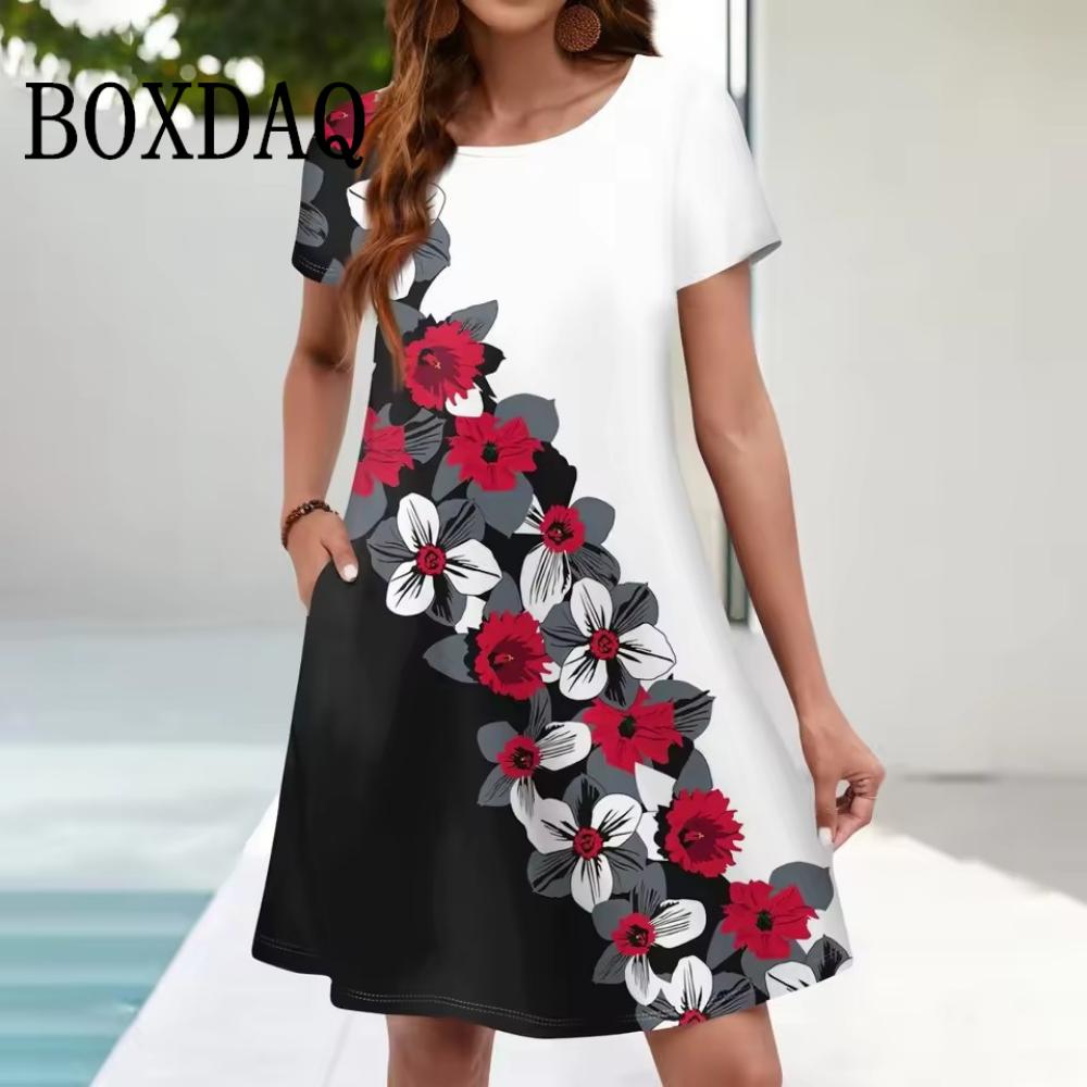 

Plus Size Summer Dresses For Women Beach Floral Sundress Short Sleeve Pocket Casual Loose Short Dress Vintage Print Vestidos S
