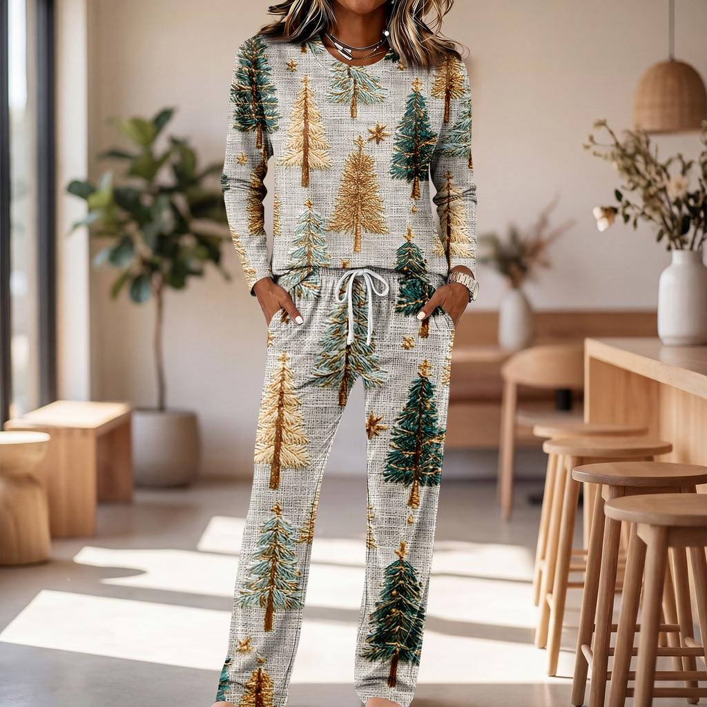 Women's Casual Pajama Set with Round Neck Long Sleeve and Wide Leg Pants for Sleep