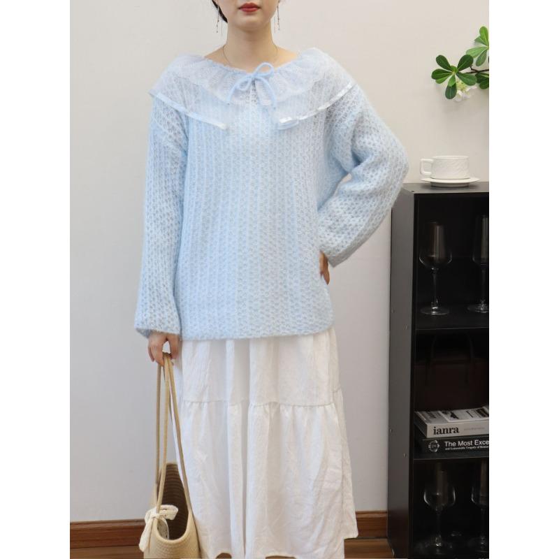 

Дизайн из сетчатой пряжи, свободный, милый, нежный свитер-пуловер, новинка осени и зимы, вязаный свитер-топ для женщин one size fits all синий