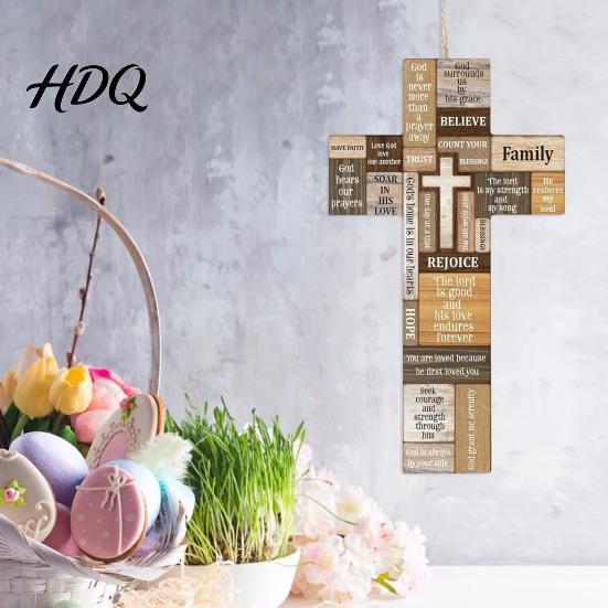 Spiritual Gift for Women Easter Wooden Cross Ornament Rustic Hanging Pendant with Hemp Rope Religious Keepsakes Wall Decor Home Decoration,