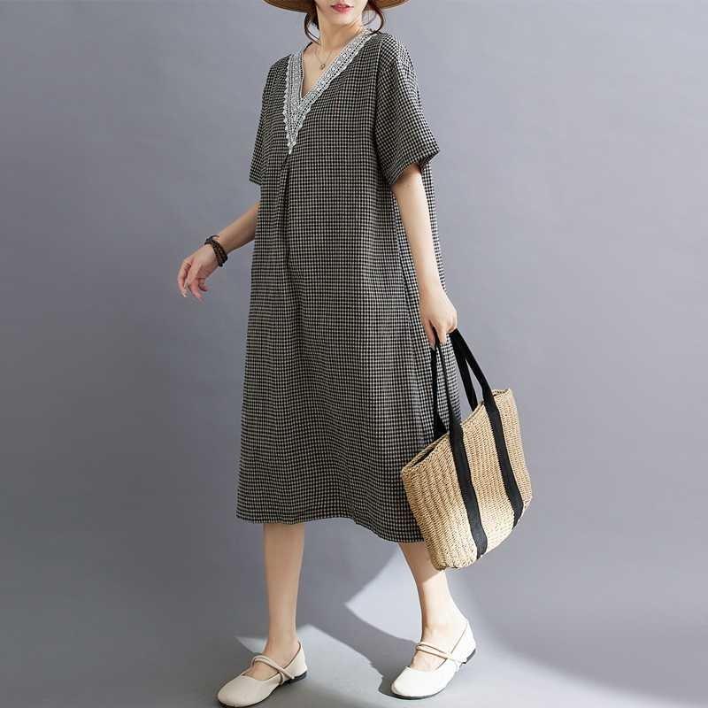 Summer Retro Cotton Linen Lace Cotton Linen Plaid Dress