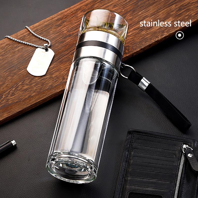 Skleněná láhev s čajovým sítkem, nepropustný cestovní hrnek, dvoustěnný čajový šálek, přenosná láhev na vodu se sítkem, láhev na čaj s oddělením vody