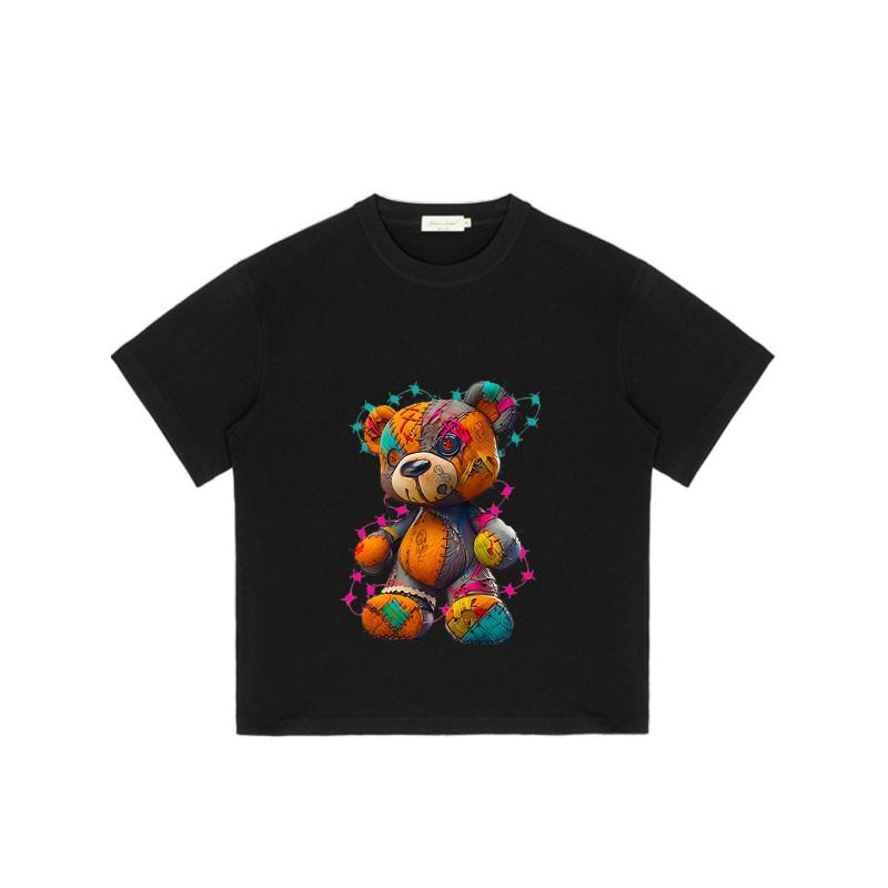 Crewneck T Shirt Black Colorful Patchwork Teddy Bear Graphic Print Casual Streetwear Fashion Unisex Top for Men and Women Daily Wear Outfit