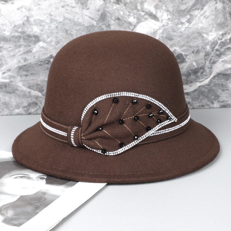 Casual Dome Short Brim Basin Hat Women's Diamond Bucket Hat Autumn and Winter Woolen Top Hat Women's British Style
