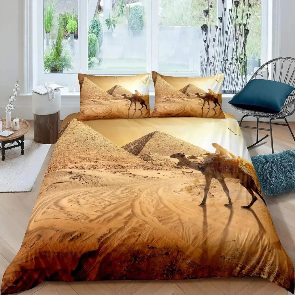 3D Ancient Egypt Tribe Duvet Cover Set,Pharaoh Bedding Sets,Egyptian Pyramids Exotic Style Comforter Cover Set Full Queen Size