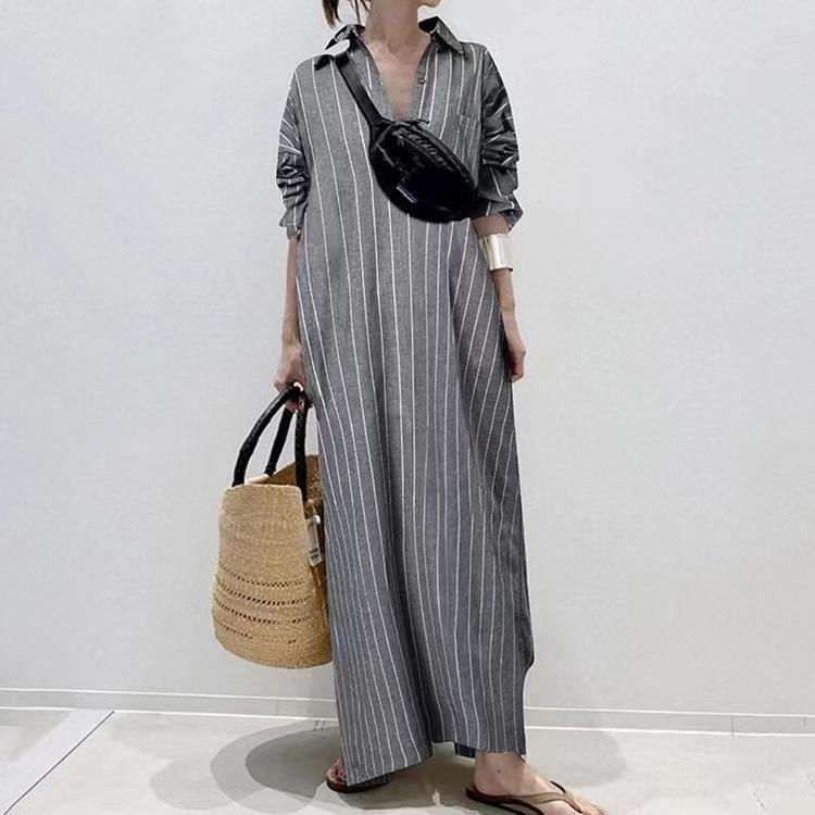 

New Arrival: Striped Turn-Down Collar Loose Waist Polo Dress Cardigan 3XL сірий колір