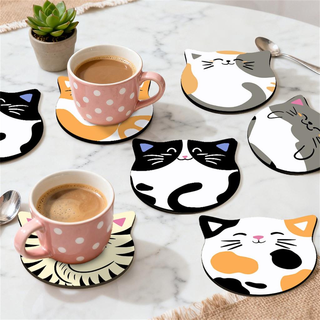 6pc Christmas Table Mat Withcat Shaped 2D Wooden Dining Mat, Absorbent And Nonslip Mat, Easy To Cleancoaster