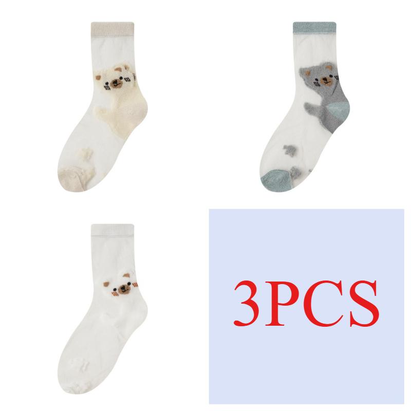 3/5 Pairs Cartoon Bear Sheer Mesh Socks for Women Breathable Transparent Ankle Socks Thin Summer Socks Cute Animal Pattern Socks