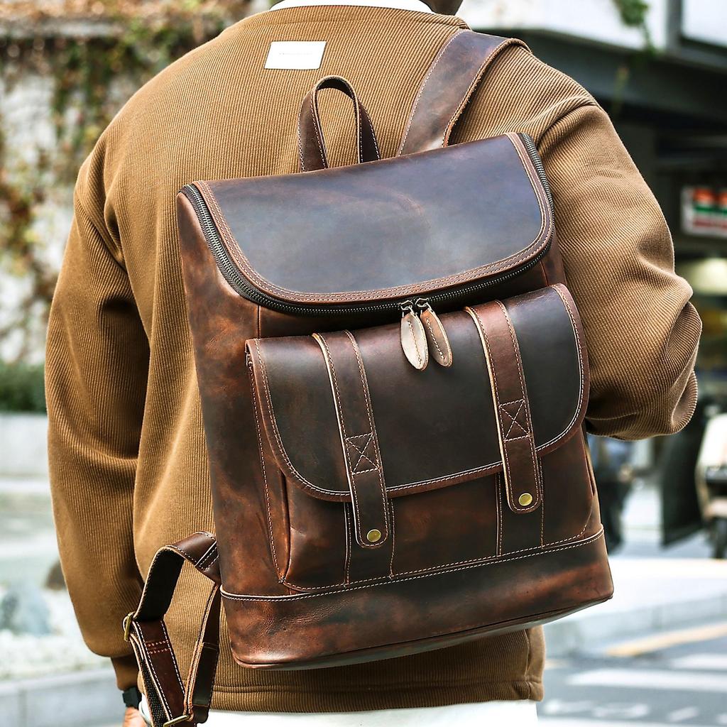 Herren Rucksack Retro Echtleder Casual Rucksack mit großer Kapazität Business Laptoptasche