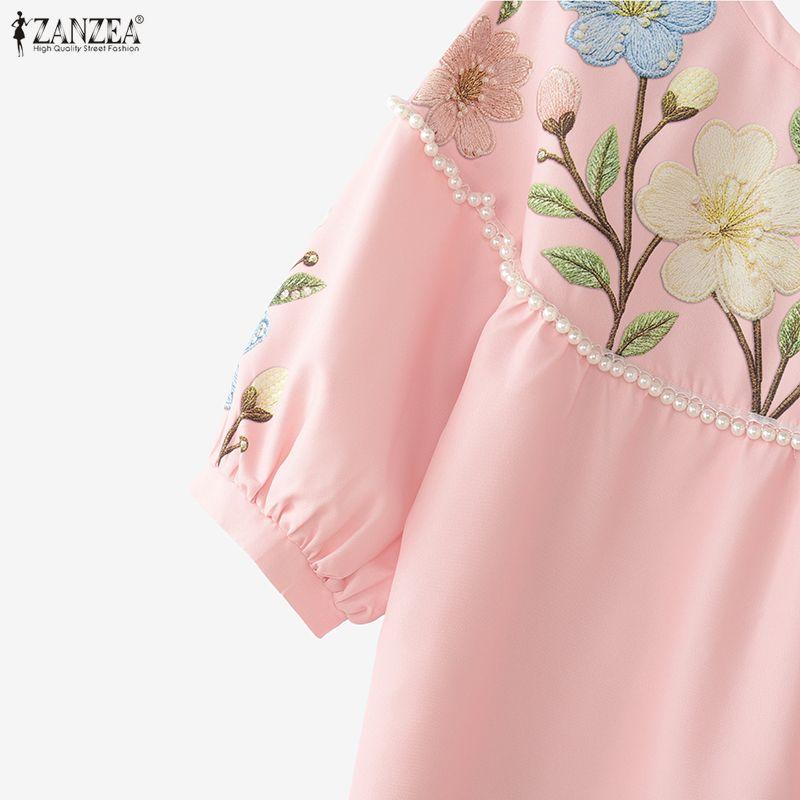 ZANZEA Blusa casual da donna a maniche 3/4 con scollo rotondo e stampa floreale ampia